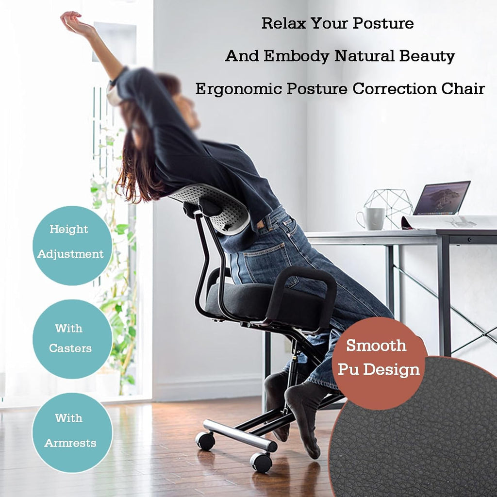 Ergonomic Posture Chair with Wheels,Kneeling Chair with Armrests,Steel Lumbar Support Kneeling,Adjustable Stool for Home Office(PU Leather)