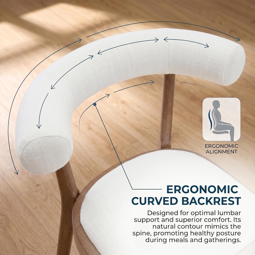 chairus Barrel Back Dining Chairs Set of 4, Farmhouse Upholstered Dining Chairs with Natural Walnut Finished Frame Comfy Unique Curved Open Back for Kitchen/Restaurant/Dining Room, Linen White