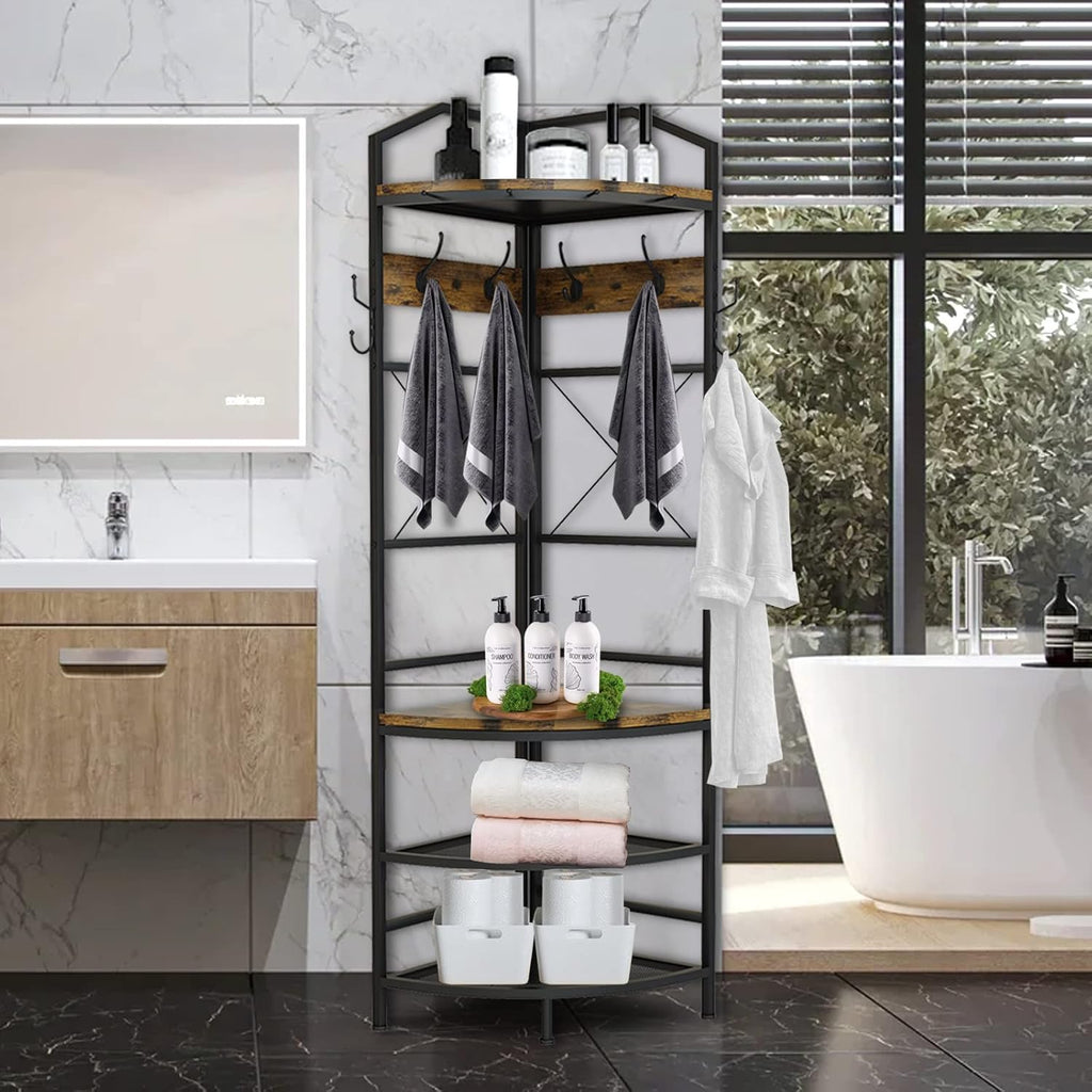 Recaceik 5-in-1 Hall Tree Entryway Bench Coat Rack with 11 Hooks and 2 Hanging Rods, Grid Panel Home Organizer Shoe Shelf for Corner, Hallway, Closet, Rustic Brown