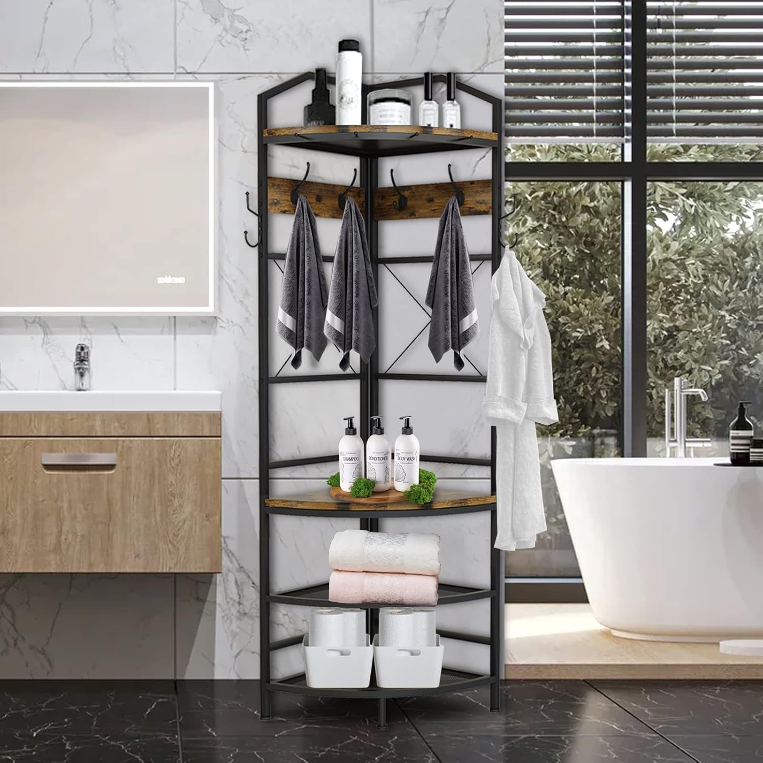 Recaceik 5-in-1 Hall Tree Entryway Bench Coat Rack with 11 Hooks and 2 Hanging Rods, Grid Panel Home Organizer Shoe Shelf for Corner, Hallway, Closet, Rustic Brown