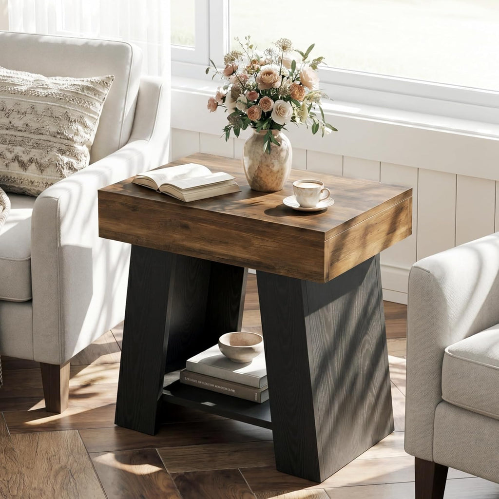 Tribesigns Wooden End Table, 2-Tier Farmhouse Nightstand Sofa Side Table with Storage Shelf, Two-Tone Side Table for Couch, Heavy-Duty Bedside Table for Bedroom, Living Room, Rustic Brown & Black