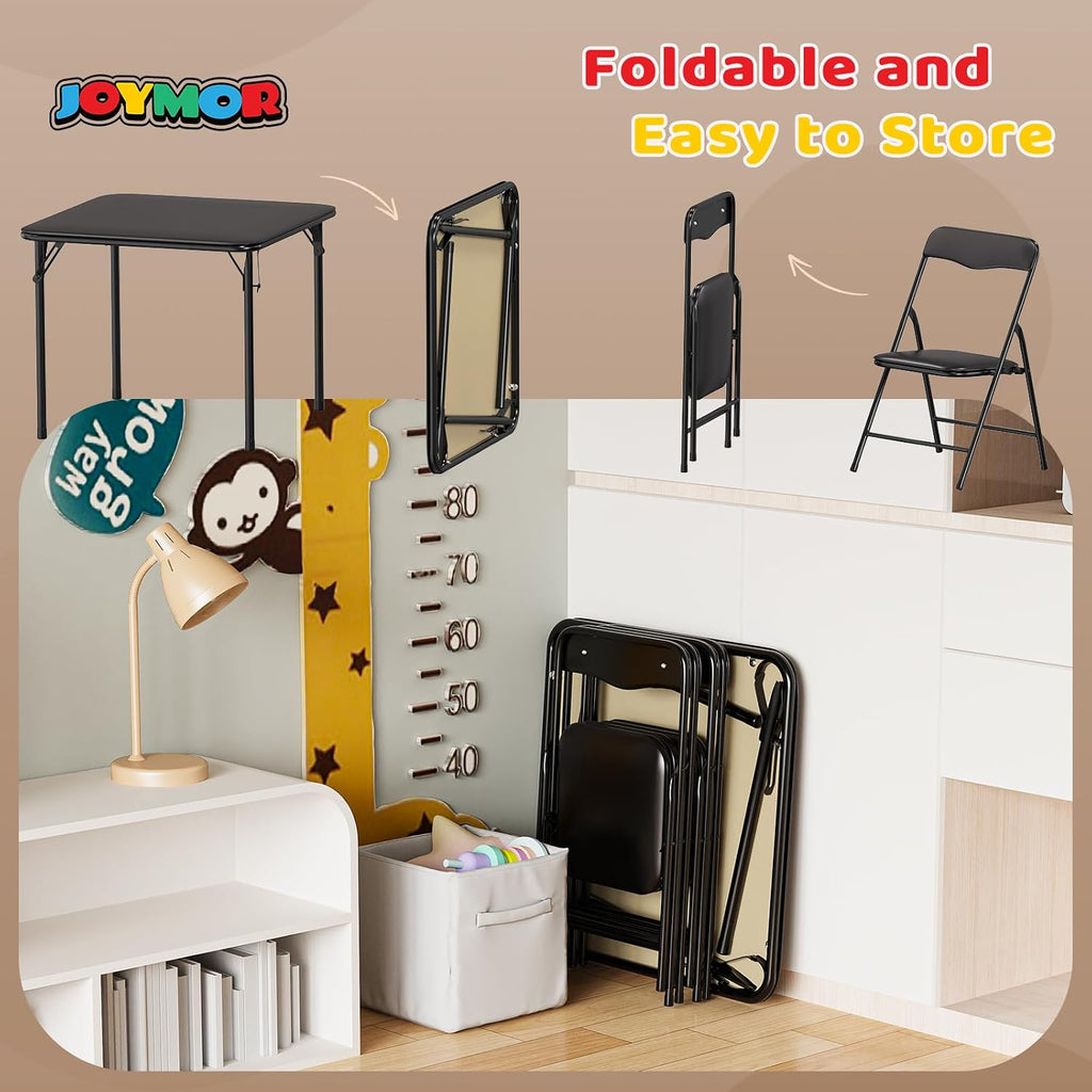JOYMOR Kids Folding Table and Chairs Set, 5-Piece Metal Frame Activity Set with Easy-Fold Design for Playroom & Classroom (Black)