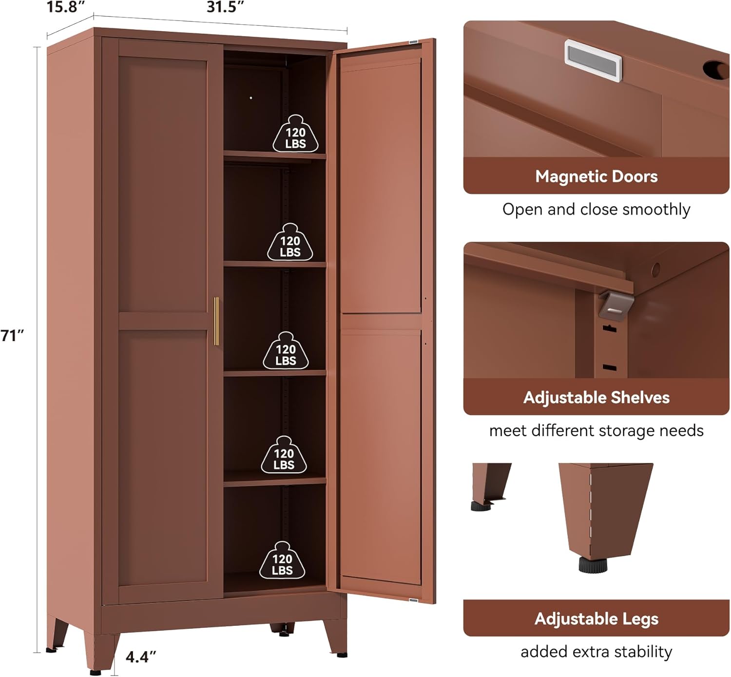 YAUWOH 71''Metal Cabinet with 4 Adjustable Shelves,5-Tier Pantry Storage Cabinet,Kitchen Pantry Cabinet for Living Room,Dining Room(1PC,Brown)
