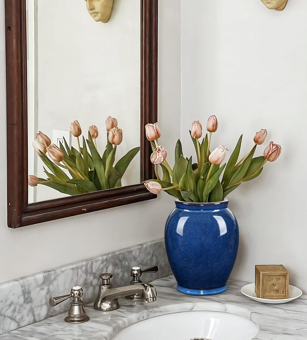 Blue Large Ceramic Vases for Flowers Navy Blue Glazed Pottery Vases Rustic Modern Farmhouse Distressed Decorative Vase for Home Kitchen Mantel Shelf Living Room Table Centerpiece Decor - 6.7 Inch Tall