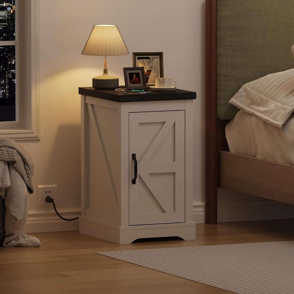 Farmhouse End Table with Charging Station & 2 USB-c Ports | Modern Bedside Table with 2 AC Outlets, Adjustable Shelf, Cable Management | Convenient Power End Table for Bedroom, Living Room