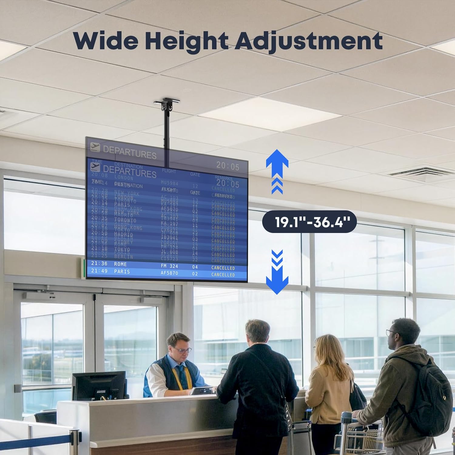 TV Ceiling Mount for Most 43-86 inch TV up to 132lbs, Adjustable Height Ceiling Mount TV Bracket with Swivel, Tilt, Fits Pitched/Vaulted Roof, Max VESA 600x400mm
