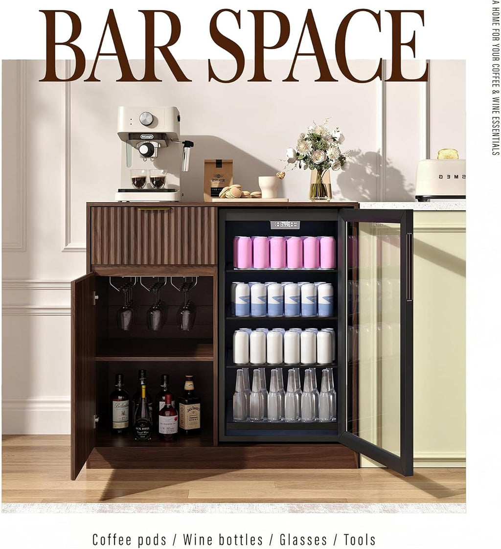 Mini Fridge Cabinet with Power Outlet, Coffee Bar Cabinet with Fridge Space & Wine Glass Rack, Fluted Buffet Sideboard with Drawer & Adjustable Shelf, Home Bar Cabinet for Living, Dining Room Kitchen