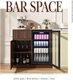 Mini Fridge Cabinet with Power Outlet, Coffee Bar Cabinet with Fridge Space & Wine Glass Rack, Fluted Buffet Sideboard with Drawer & Adjustable Shelf, Home Bar Cabinet for Living, Dining Room Kitchen