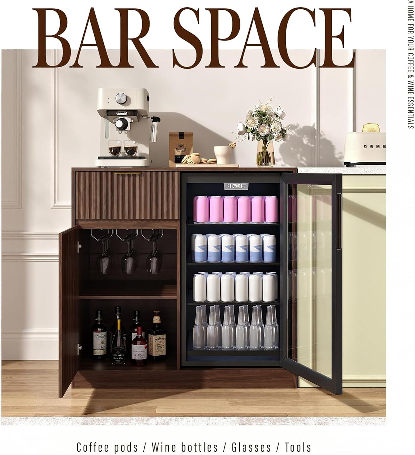 Mini Fridge Cabinet with Power Outlet, Coffee Bar Cabinet with Fridge Space & Wine Glass Rack, Fluted Buffet Sideboard with Drawer & Adjustable Shelf, Home Bar Cabinet for Living, Dining Room Kitchen