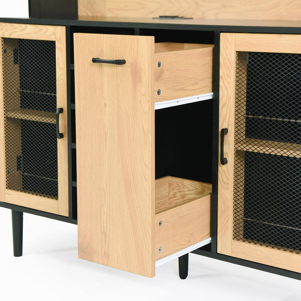 59" Freestanding Kitchen Sideboard, Buffet Sideboard with Wine Rack, Storage Doors and Electrical Outlets for Kitchen, Dining and Living Room, Black