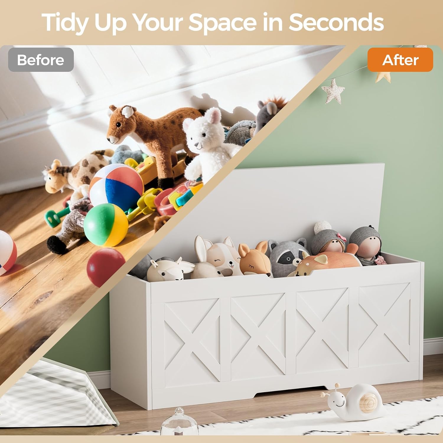 Homleke 47.2" Extra-Large Wooden Storage Chest – Farmhouse Toy Box, Entryway Bench, Bedroom Storage, Safety Hinge, Easy Assembly, White