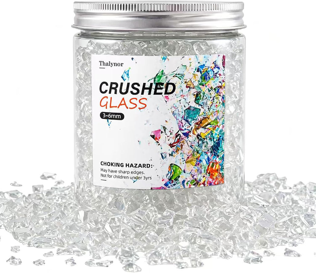 Crushed Glass for Resin Art, Decorative Shattered Glass for Crafts, Resin Fillers, Vase Fillers, Sparkling Glass Pieces for Home Decor, 3-6mm, 1.5LB (Clear)