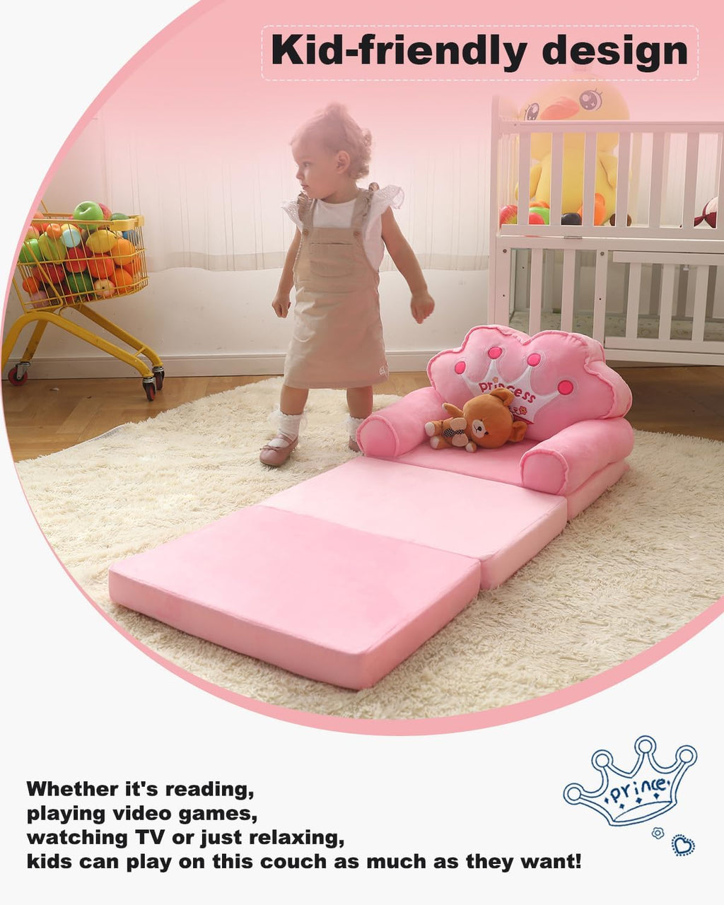 MOONBEEKI Kids Couch Fold Out, Foldable Princess Chair for Toddlers 1-3, Kids Furniture for Playroom, Gift for Birthday Christmas and Halloween, Pink