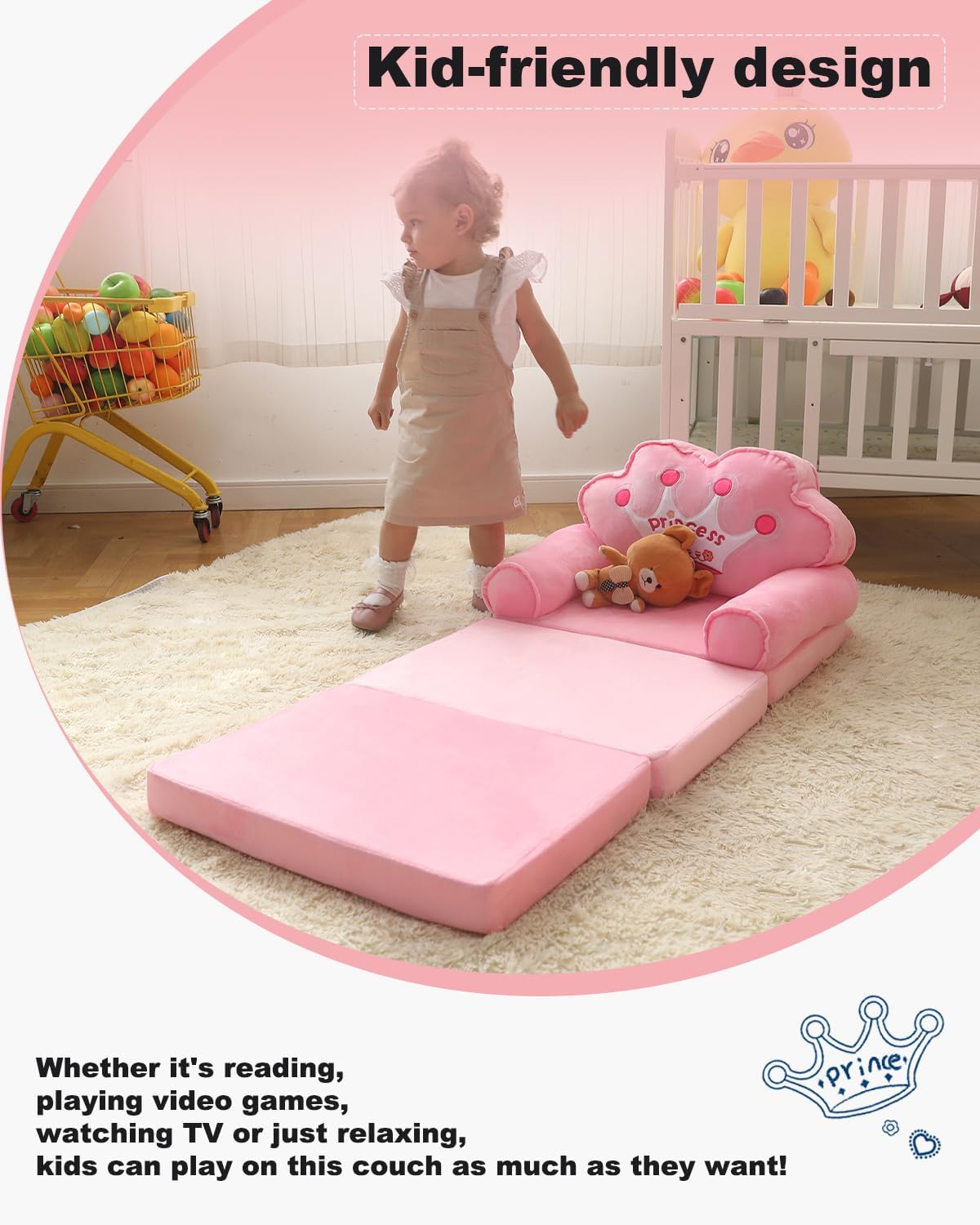 MOONBEEKI Kids Couch Fold Out, Foldable Princess Chair for Toddlers 1-3, Kids Furniture for Playroom, Gift for Birthday Christmas and Halloween, Pink