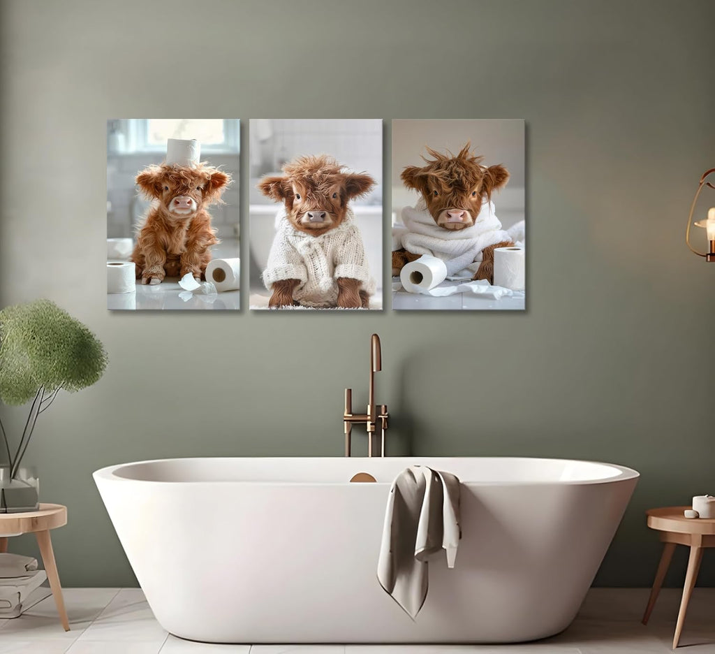 3Pcs Funny Highland Cow Bathroom Canvas Wall Art Brown Cute Animal Picture Wall Decor Cow Baby Rustic Farmhouse Poster Print Artwork for Children's Room Nursery Bathroom Restroom Home Decoration