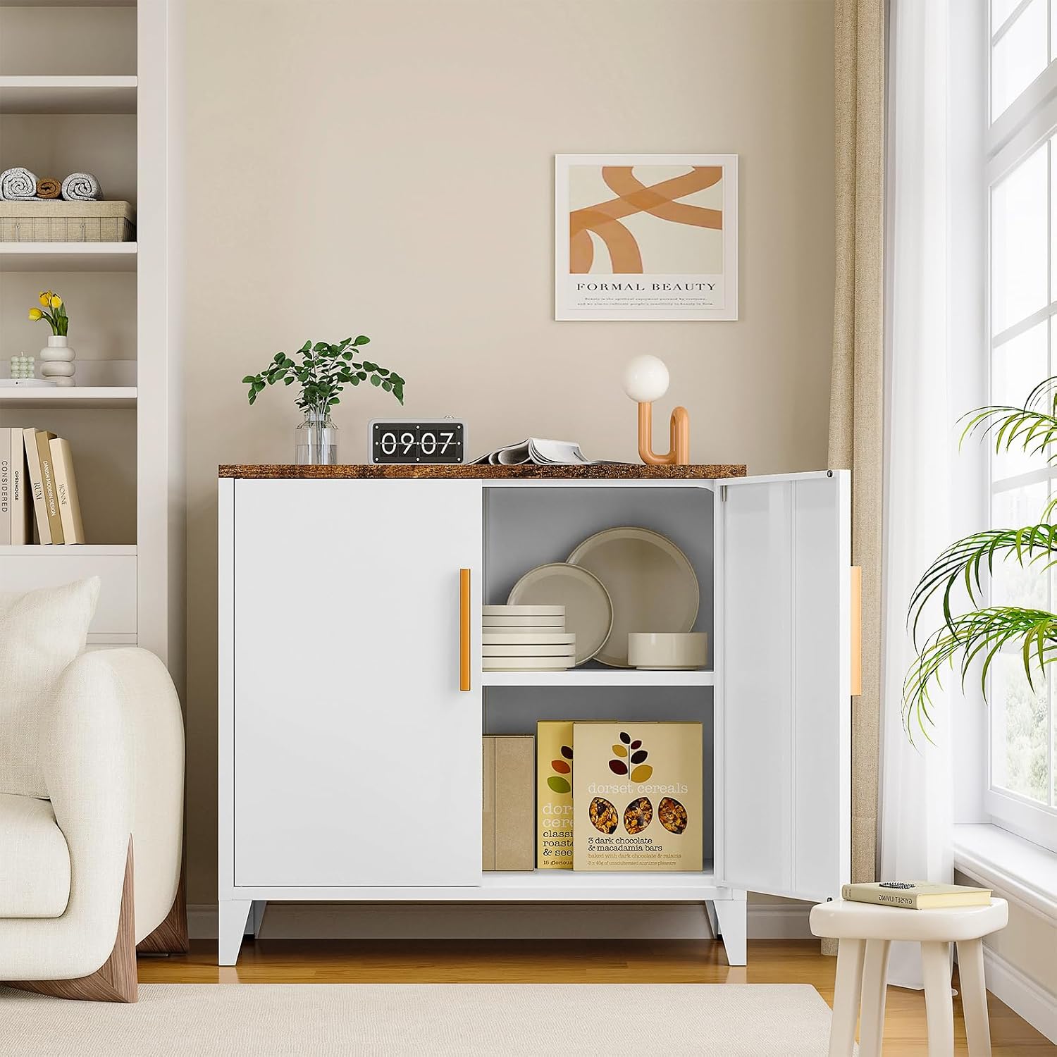 STANI 30" H Outdoor Storage Cabinet, Sideboard Buffet Cabinet, 2 Doors, Metal, Adjustable Shelf, Kitchen,Coffee Bar, Garden, Entryway, Table Cupboard,16" Dx 32" Wx30 H White