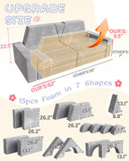 YEFU 15pcs Modular Kids Play Couch, Kids Couch for Toddler & Children, Toddler couches, Kid Couches Fort Building kit for Playroom Furniture, Kid Play Couches, Convertible Sofa for Boys & Girls, Grey