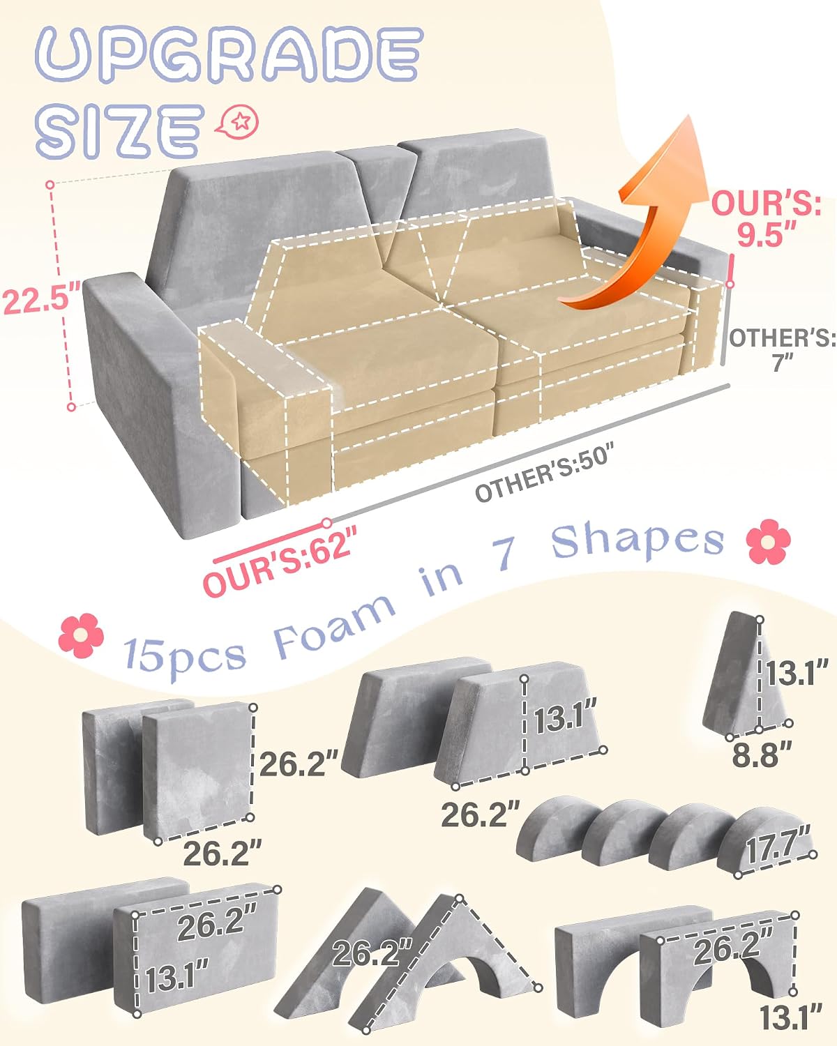 YEFU 15pcs Modular Kids Play Couch, Kids Couch for Toddler & Children, Toddler couches, Kid Couches Fort Building kit for Playroom Furniture, Kid Play Couches, Convertible Sofa for Boys & Girls, Grey