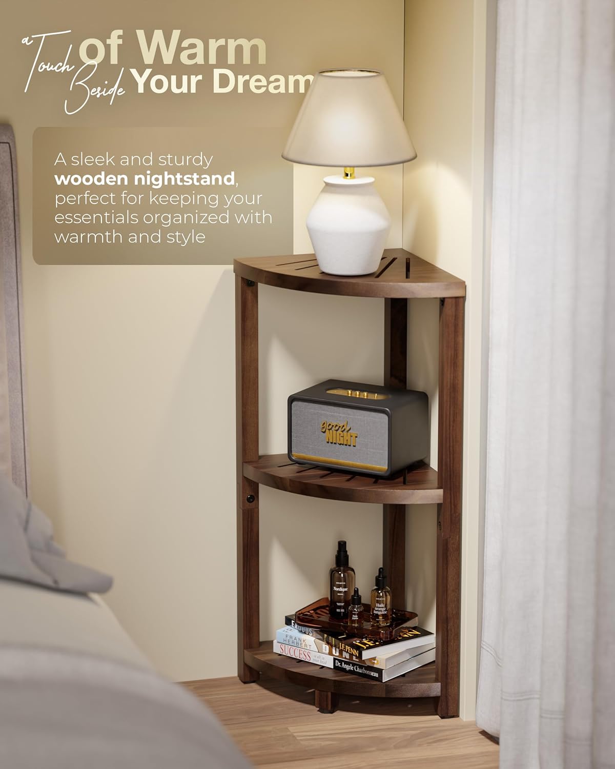 BLUEWEST 3-Tier Corner Shower Caddy Stand, Wood, Walnut | Shower Organizer Standing, Anti-Slip Feet, Waterproof & Durable, Space-Saving Design, Bathroom Corner Shelf