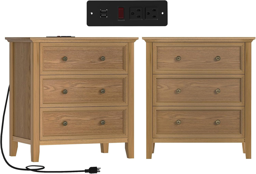 IKENO Solid Wood Nightstand Set of 2，Bed Side Table with Charging Station, Farmhouse Night Stand with 3 Storage Drawers for Bedroom, 27.6" W x 16.8" D x 26.8" H, Teak