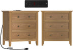 IKENO Solid Wood Nightstand Set of 2，Bed Side Table with Charging Station, Farmhouse Night Stand with 3 Storage Drawers for Bedroom, 27.6" W x 16.8" D x 26.8" H, Teak