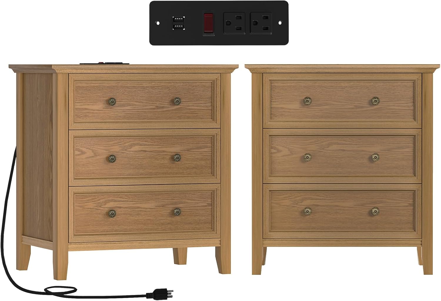 IKENO Solid Wood Nightstand Set of 2，Bed Side Table with Charging Station, Farmhouse Night Stand with 3 Storage Drawers for Bedroom, 27.6" W x 16.8" D x 26.8" H, Teak