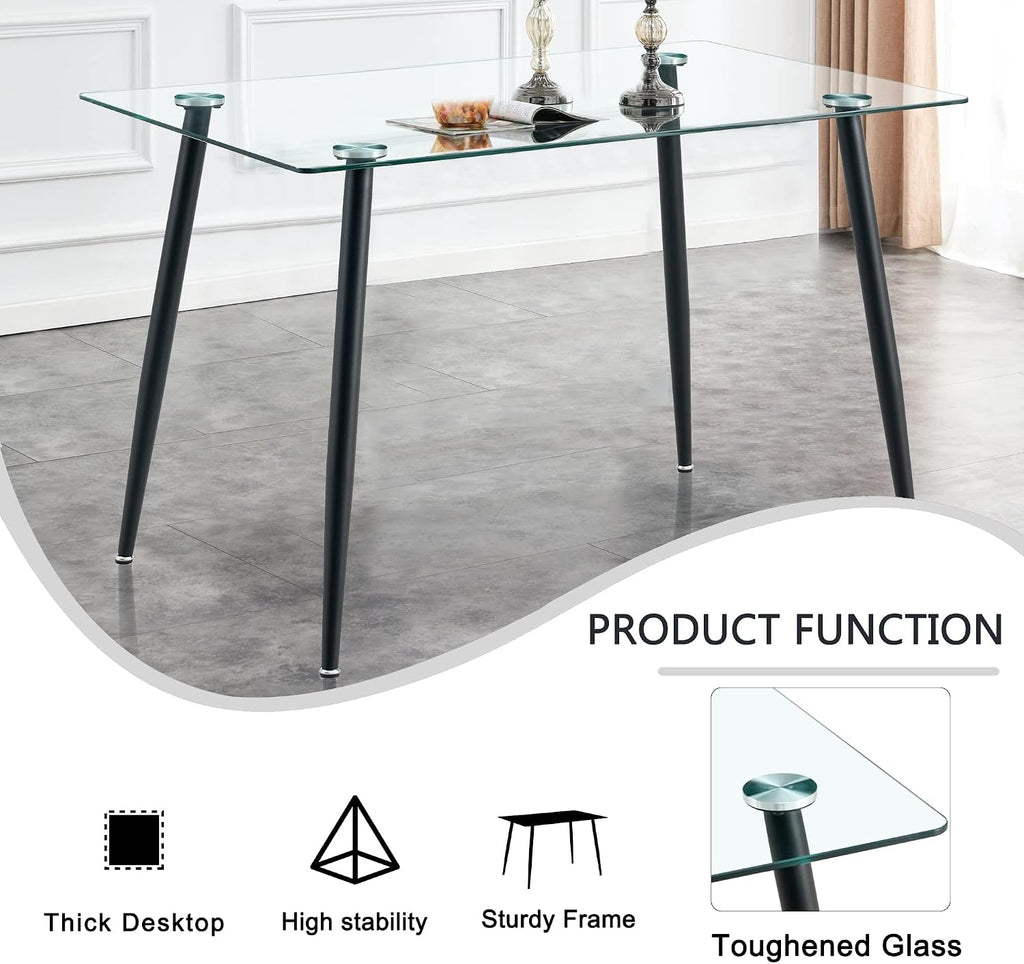 Baysitone 51 inch Glass Dining Table Set for 4, Dining Table & Chair Sets with Black Metal Legs for Kitchen, Modern Rectangle Tempered Glass Table Top&Transparent Plastic Dining Chair for Dining Room