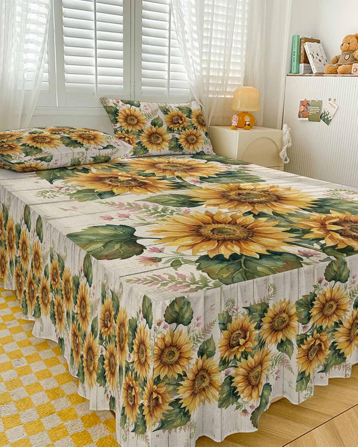 Ruffle Skirt Bedspread for Full Size Bed Summer Sunflower Leaf 3 Piece Bedding Cover with Pillow Sham,18In Drop Bedskirt Coverlet for Bedroom Dorm Pastoral Plant Vintage Wood Board
