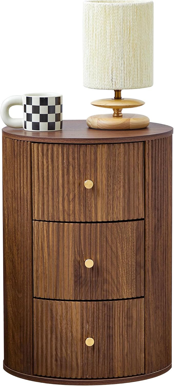 FurSch Fully Assembled Round End Table with 3 Storage Drawers, 15.75”Mid Century Side Table for Living Room, 3 Drawers Nightstand for Bedroom, Circle Sofa Bedside Table (Walnut-Round, 1 PC)