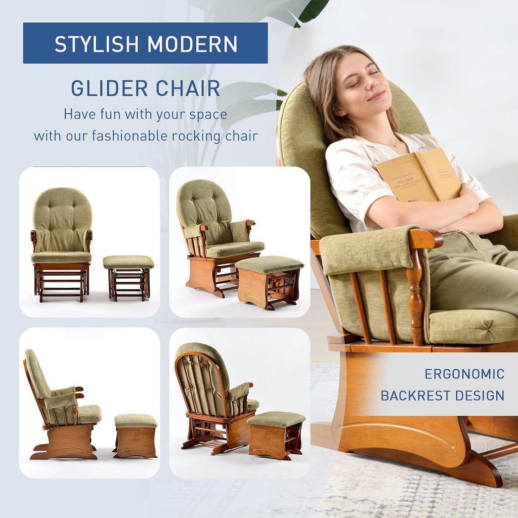 Glider Rocking Chair Nursery with Ottoman Smooth Rocking Motion, Easy to Assemble, Solid Hardwood Base Indoor Adult(Yellowish-Green)