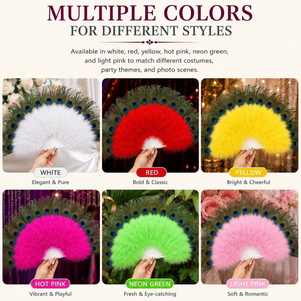 Peacock Feather Fan, Fluffy Feather Folding Hand Fan for 1920s Flapper Costume, Roaring 20s Party, Wedding Decor, Tea Party, Stage Dance (Yellow)