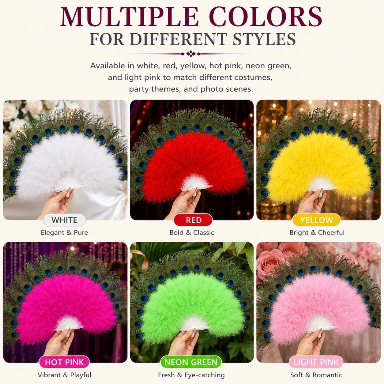 Peacock Feather Fan, Fluffy Feather Folding Hand Fan for 1920s Flapper Costume, Roaring 20s Party, Wedding Decor, Tea Party, Stage Dance (Yellow)