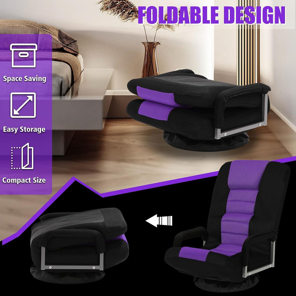 Swivel Gaming Chair Multipurpose Floor Gaming Chair for Playing Video Games, TV, Reading w/Armrest Lumbar Support & 6 Adjustable Postion Backrest for Adults,Purple