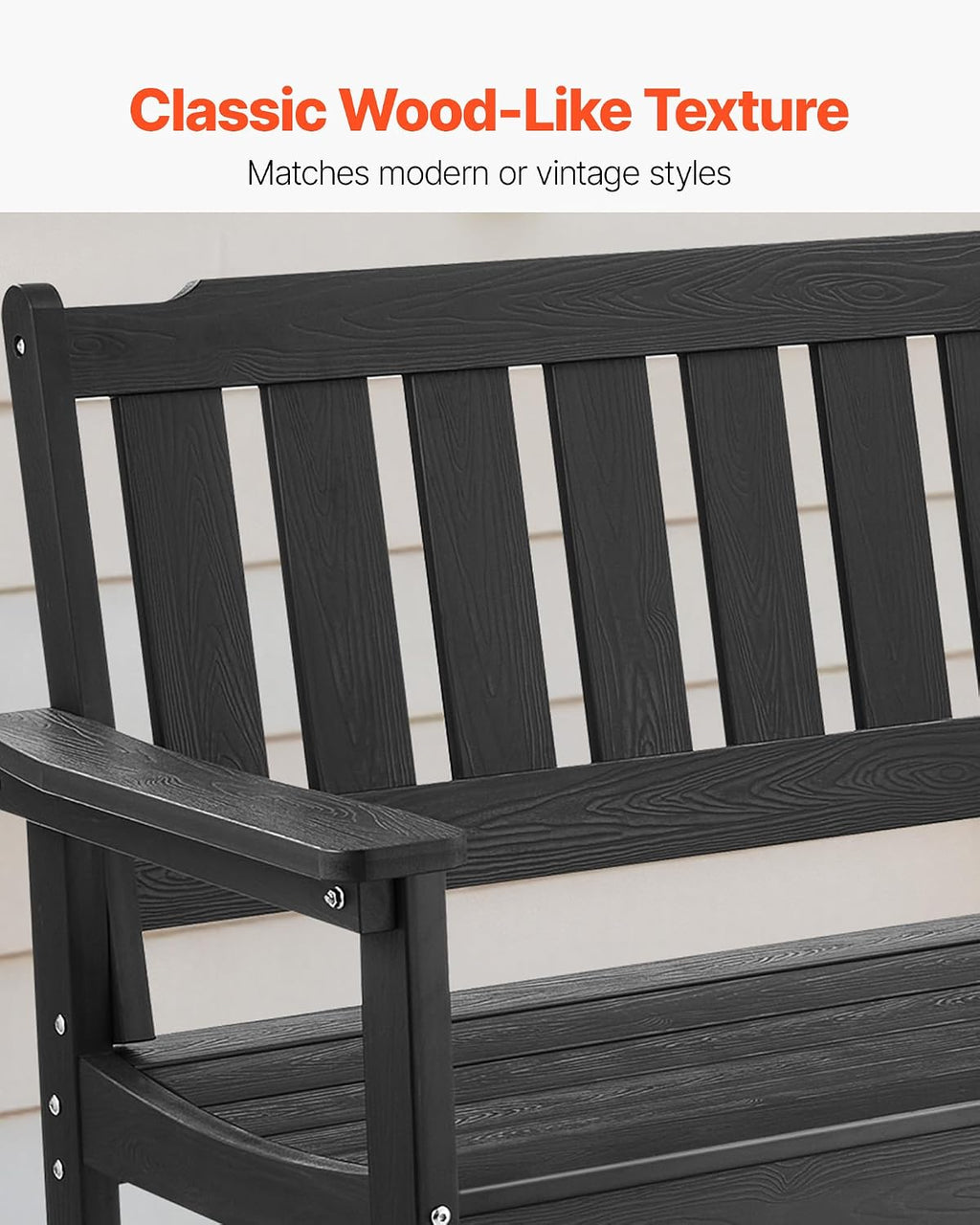 VEVOR Outdoor Bench, 50.5 inch, 800 lbs Weight Capacity for 2-3 Persons, Weatherproof Plastic Frame with Backrest and Wide Armrests, Outside Bench for Patio, Garden, Park, Yard, Front Porch, Black