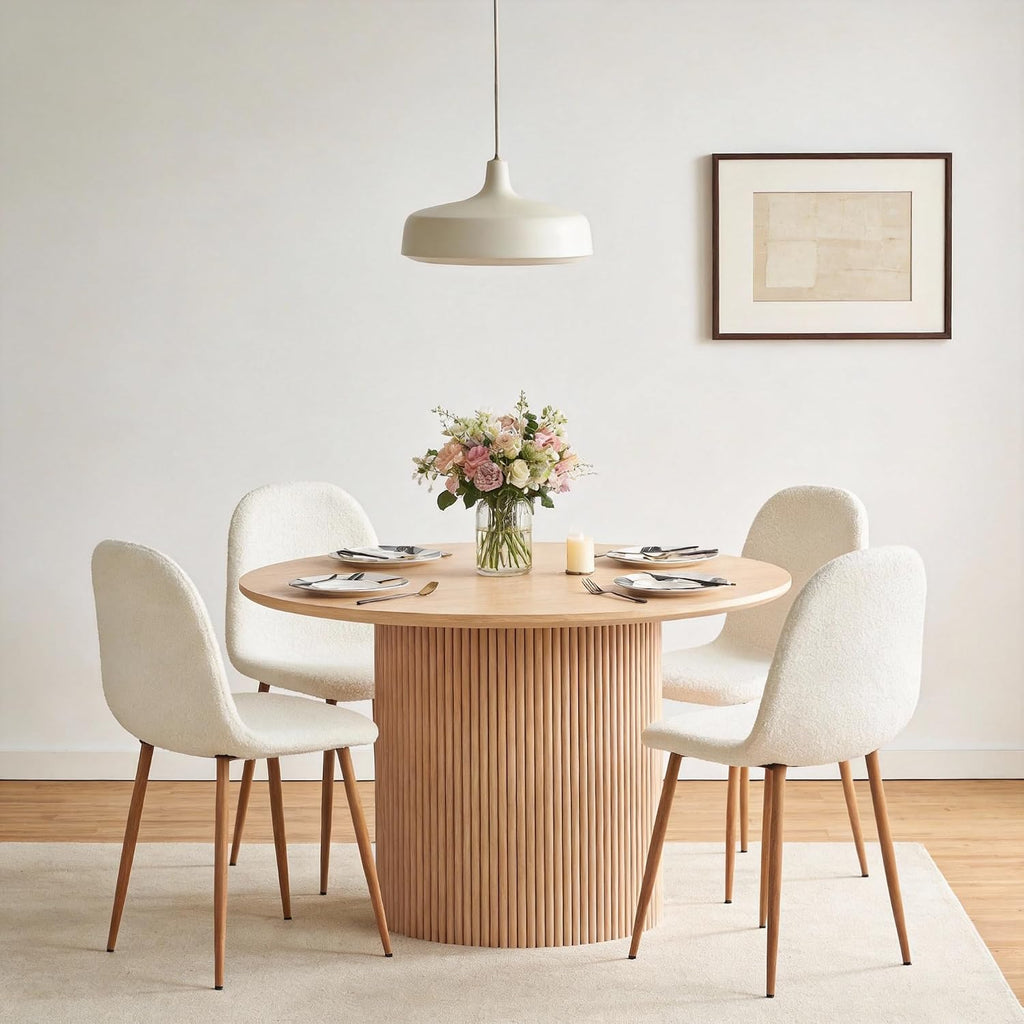 Dining Table Set for 4, Mid Century Modern 47 Inch Wooden Round Dining Table Set, Space Saving (Table + 4 White Chairs)