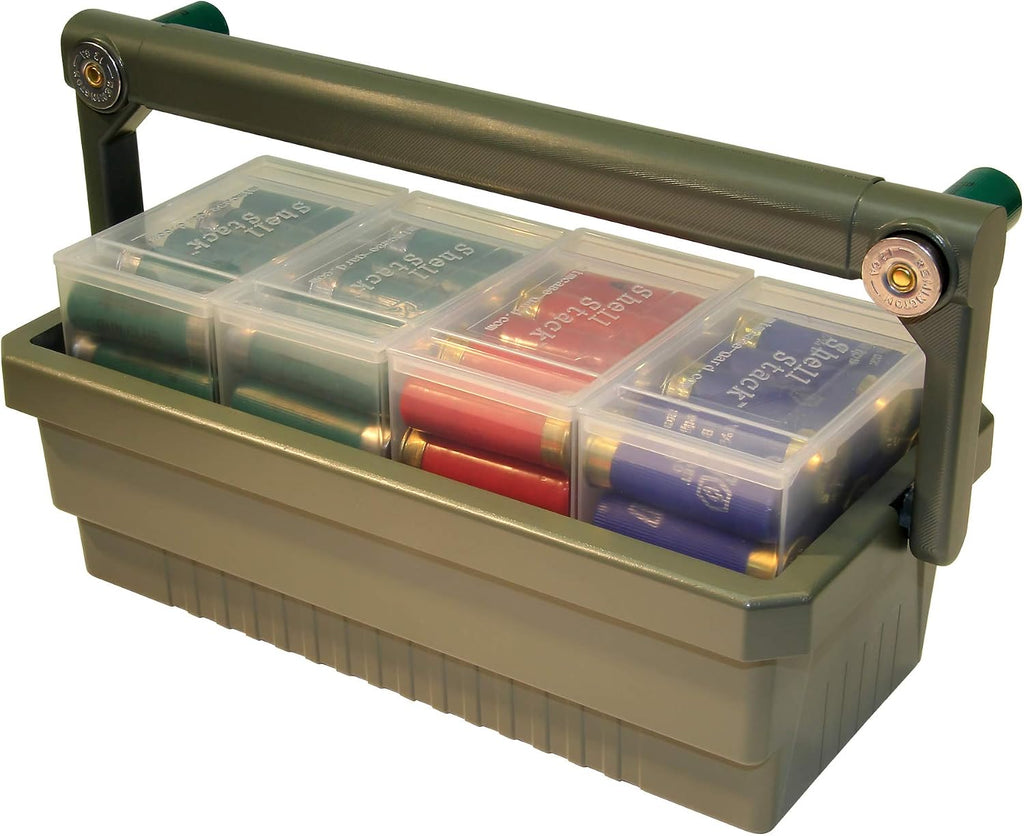 MTM SSC Shotshell Box Caddy with 4 Shell Stackers, Strong comfortable handle, USA Made, Army Green Caddy, Clear Boxes