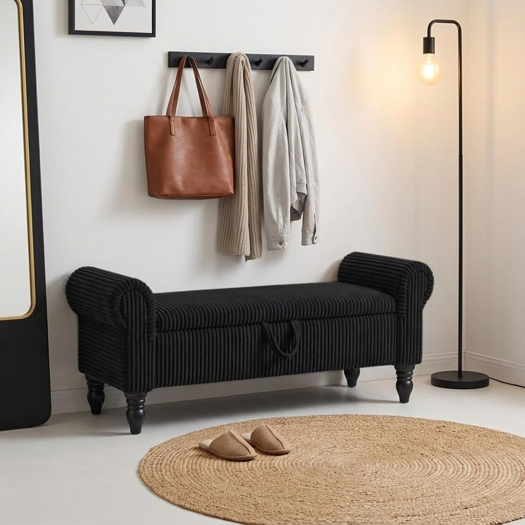 Storage Bedroom Bench for End of Bed, Storage Ottoman with Rolled Arms for Bedroom, Living Room, Entryway (Black)