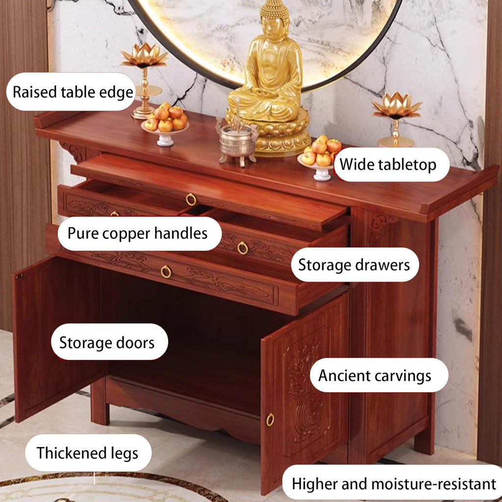 Large-Capacity Prayer Cabinet, Altar Table with Drawers, Solid Thickened Bamboo Board with Retro and Elegant Chinese carvings, Suitable for Entrance, Living Room, Bedroom 68cm