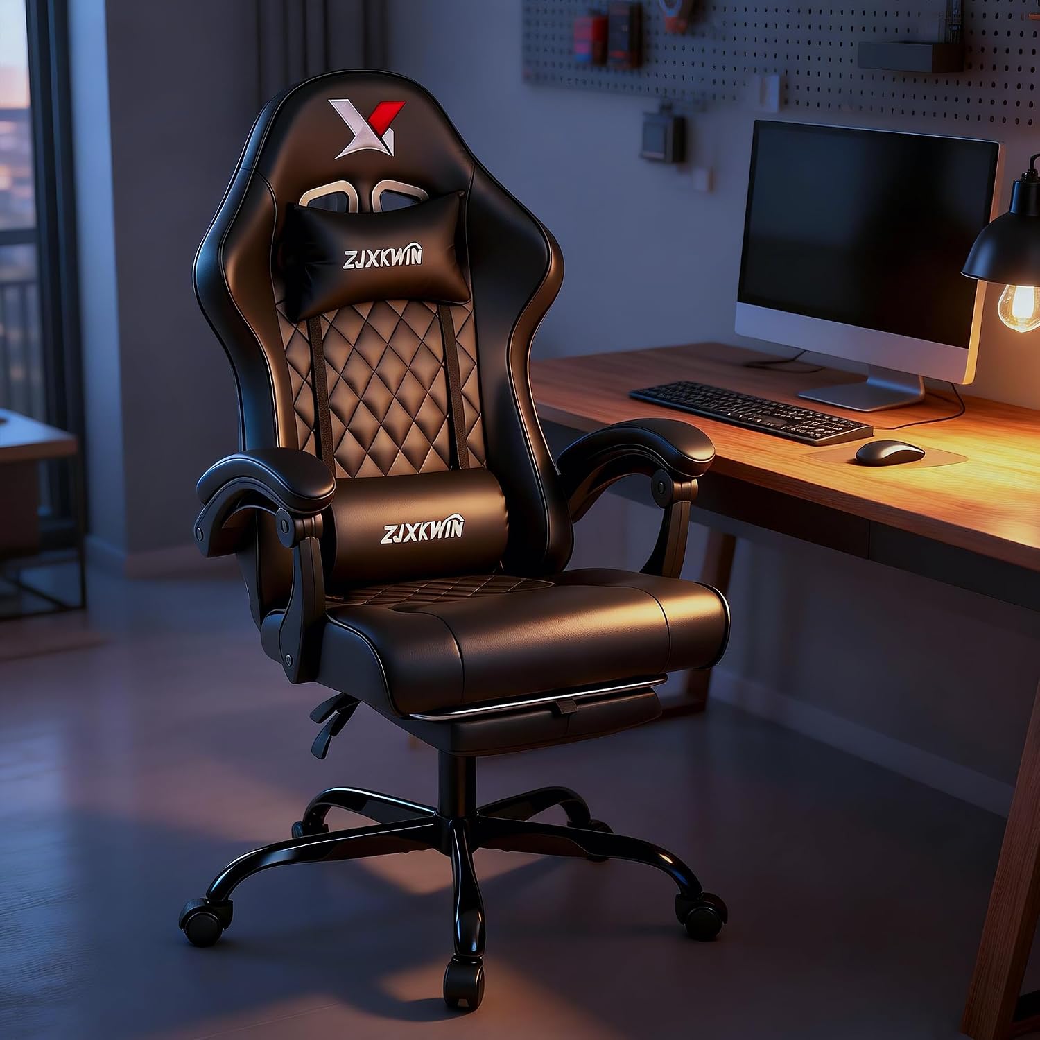 Gaming Chair with Pocket Spring Cushion, Ergonomic High Back Computer Chair with Footrest and Lumbar Support, Adjustable Height 360° Swivel Recliner, Black