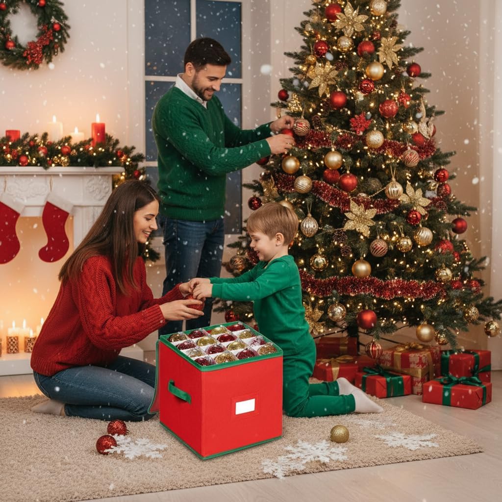 Christmas Ornament Organizer and Storage Box - Tear-Proof Non-Woven Container with 3-Inch Cube Compartments and Dual Zippers - Holds 64 Ornaments - Red