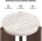 HOMPUS Farmhouse Round End Table, French Country White Bedside Table, Faux Marble Tabletop Sofa Table, Accent Side Table for Living Room, Bedroom, Office, Small Spaces, Easy Assembly (White + Brown)