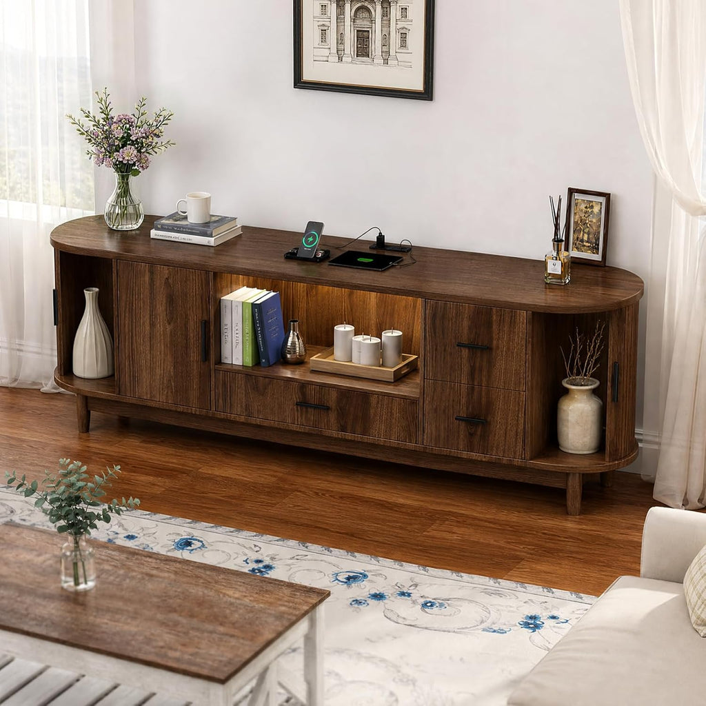 Haewon 63" Mid Century Modern TV Stand for TVs up to 75 Inch, Wood Entertainment Center with LED Lights and Power Outlet, Modern TV Console with Fluted Sliding Doors for Living Room, Walnut