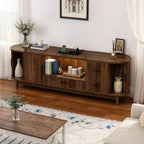 Haewon 63" Mid Century Modern TV Stand for TVs up to 75 Inch, Wood Entertainment Center with LED Lights and Power Outlet, Modern TV Console with Fluted Sliding Doors for Living Room, Walnut