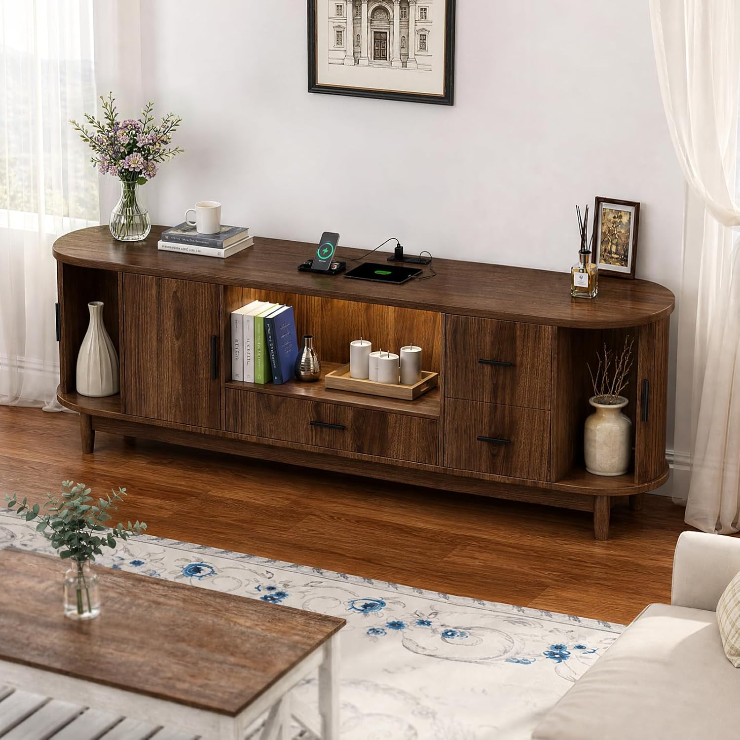 Haewon 63" Mid Century Modern TV Stand for TVs up to 75 Inch, Wood Entertainment Center with LED Lights and Power Outlet, Modern TV Console with Fluted Sliding Doors for Living Room, Walnut