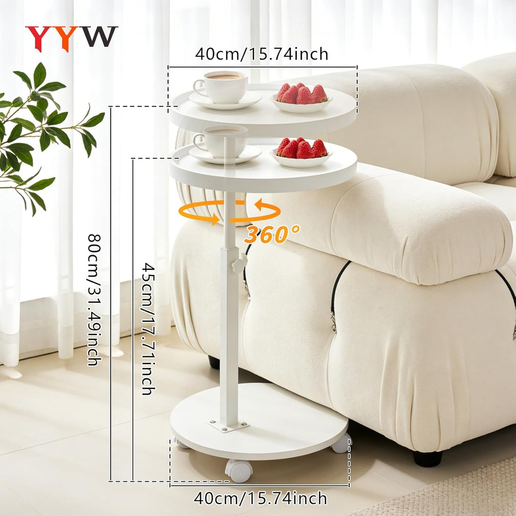 YYW C Shaped End Table Adjustable Height, 360°Swivel TV Tray Table for Small Spaces White