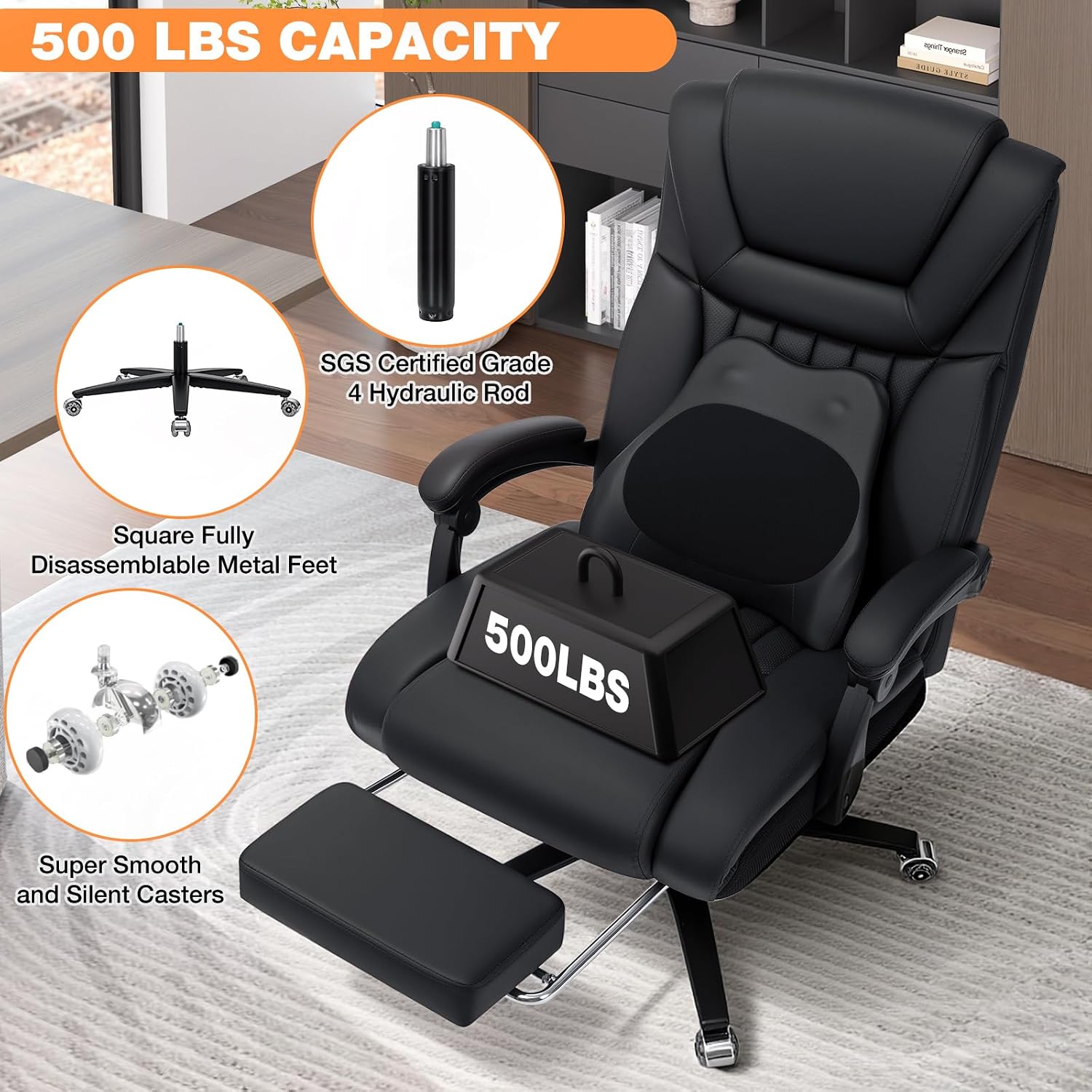 HOFFREE 500lbs Kneading Massage Office Chair with Heat for Heavy People Big and Tall Office Chair with Footrest and Lumbar Support Pillow for Bedroom,Office,Conference Room (Black)