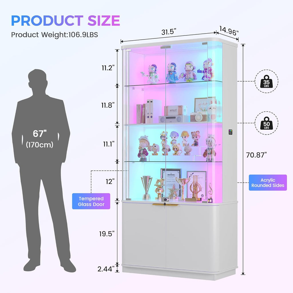 71" Tall RGB Display Cabinet with Glass Door, 6-Tier Rounded Curio Cabinet with Adjustable Shelves for Collectibles, Locking Trophy Display Case with LED Lights for Figures/Helmet/Football, White
