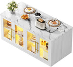 Kitchen Island with Storage, Imitation Marble Island Table with LED Lights & Cabinet for Kitchen, Modern Kitchen Carts on Wheels for Dining Room, Home Bar, White