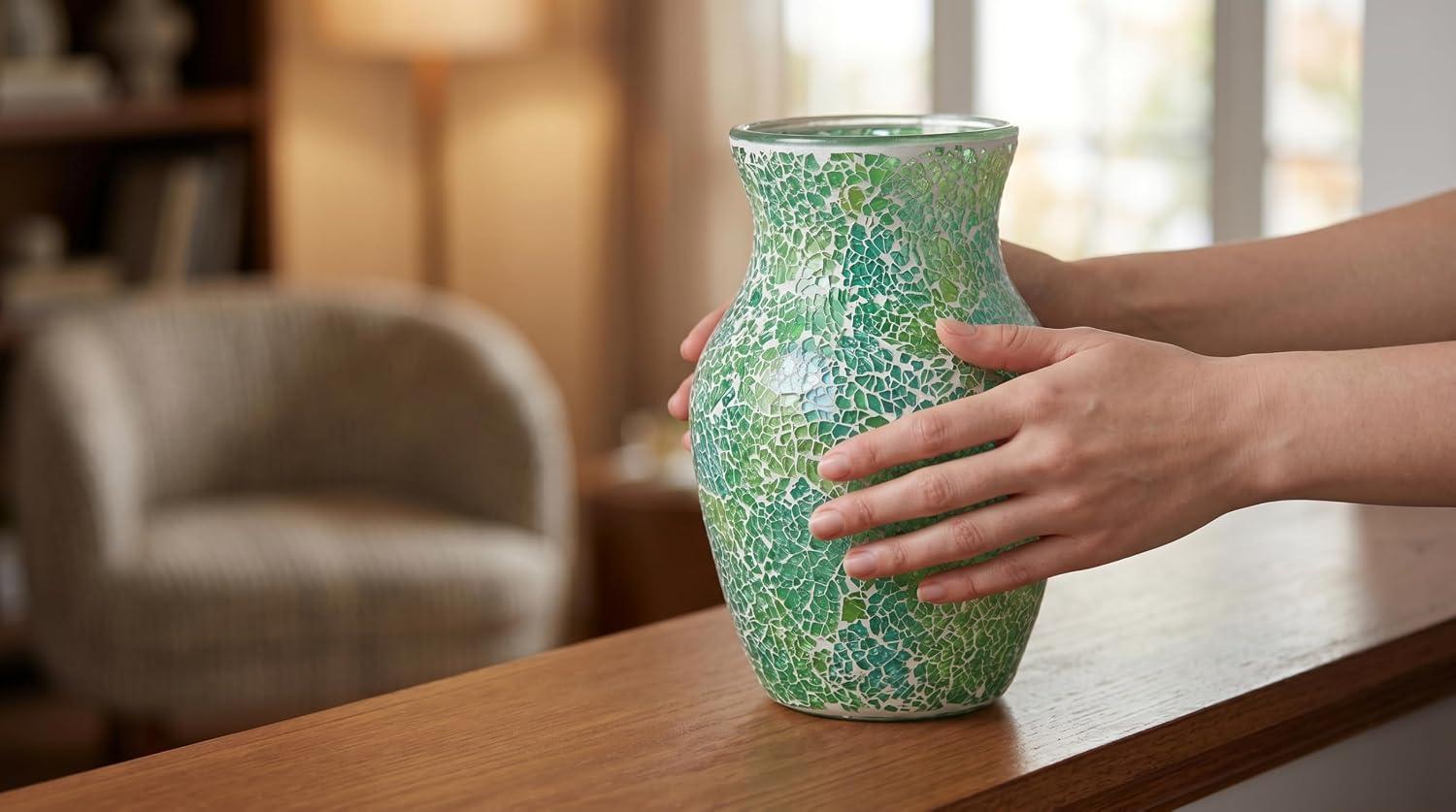 8" Organic Green Mosaic Vase, Heavy Glass Healing Spring Decor Centerpiece, Hand-Pasted Crackle Glass Flower Vase with Anti-Slip Base, Boho Nature Accent for Living Room & Bathroom