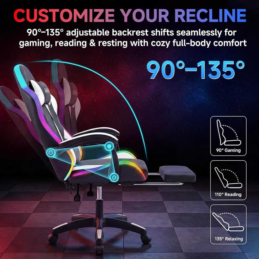 RGB LED Gaming Chair with Speakers & Footrest - Ergonomic High Back Racing Style Video Game Chair, Reclining Computer Desk Chair with Massage Lumbar Support & Headrest, 350lbs Heavy Duty